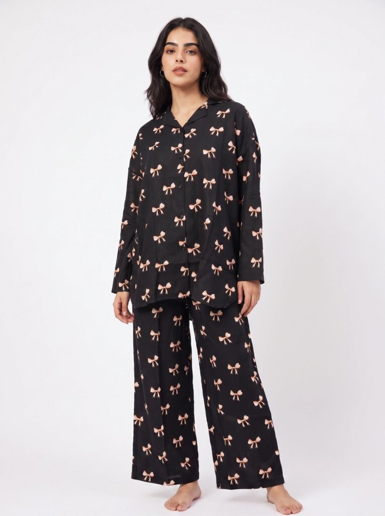 Linen Oversized PJ Set - Midnight Bow