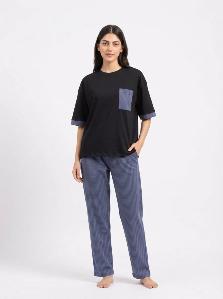 Drop Shoulder Cotton PJ Set - Softly - Blue