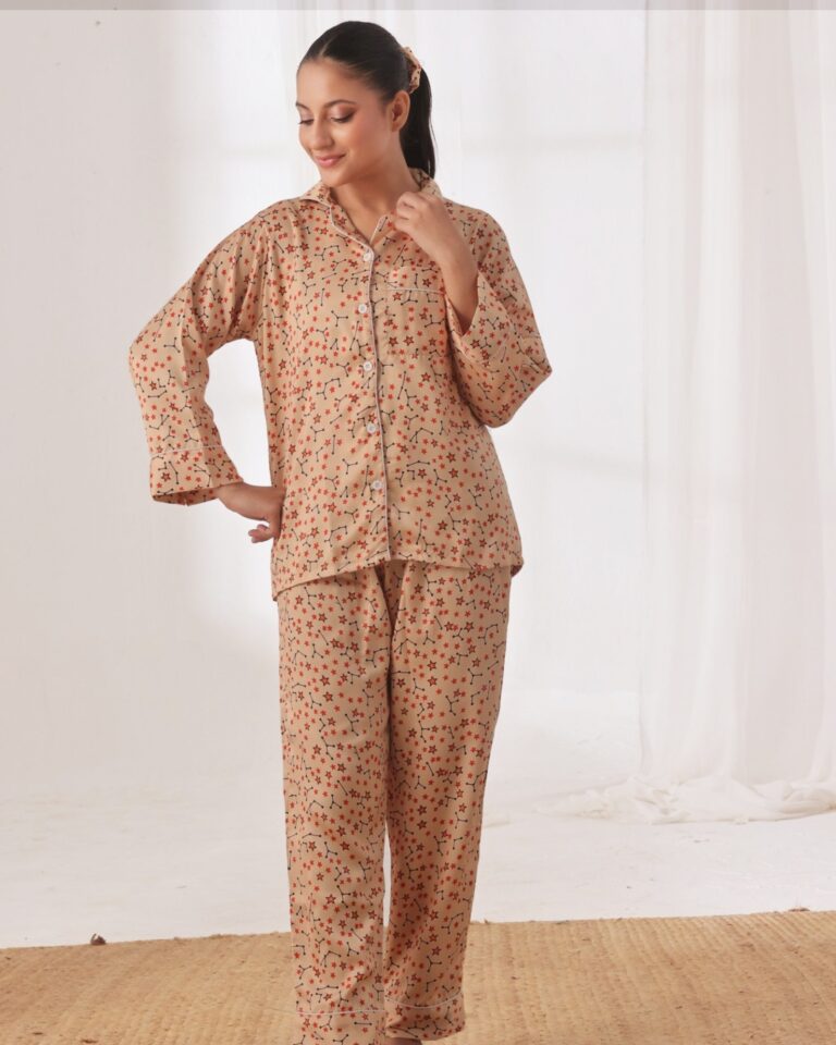 Silk Pajama Suit with Scrunchie – Cosmic Calm