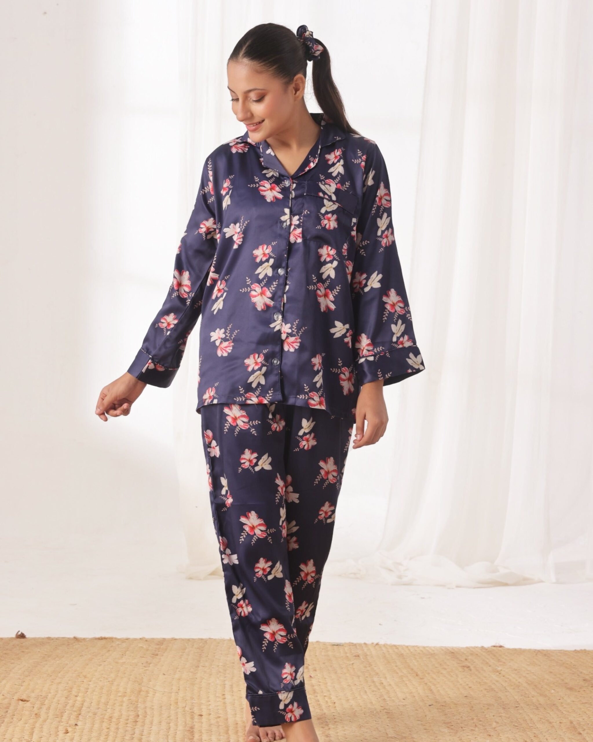 Silk Pajama Suit with Scrunchie – Blue Blush