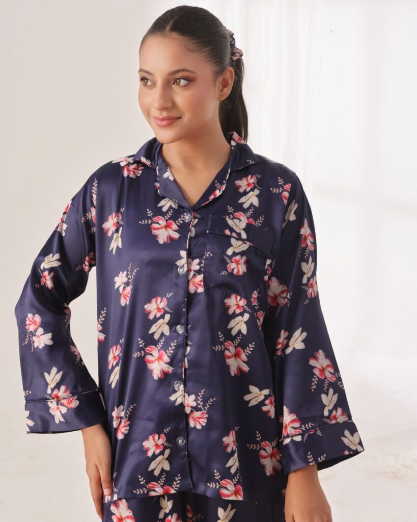 Silk Pajama Suit with Scrunchie – Blue Blush