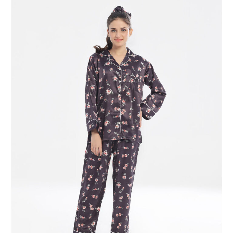 Silk Pajama Suit with Scrunchie – Dark Fleur