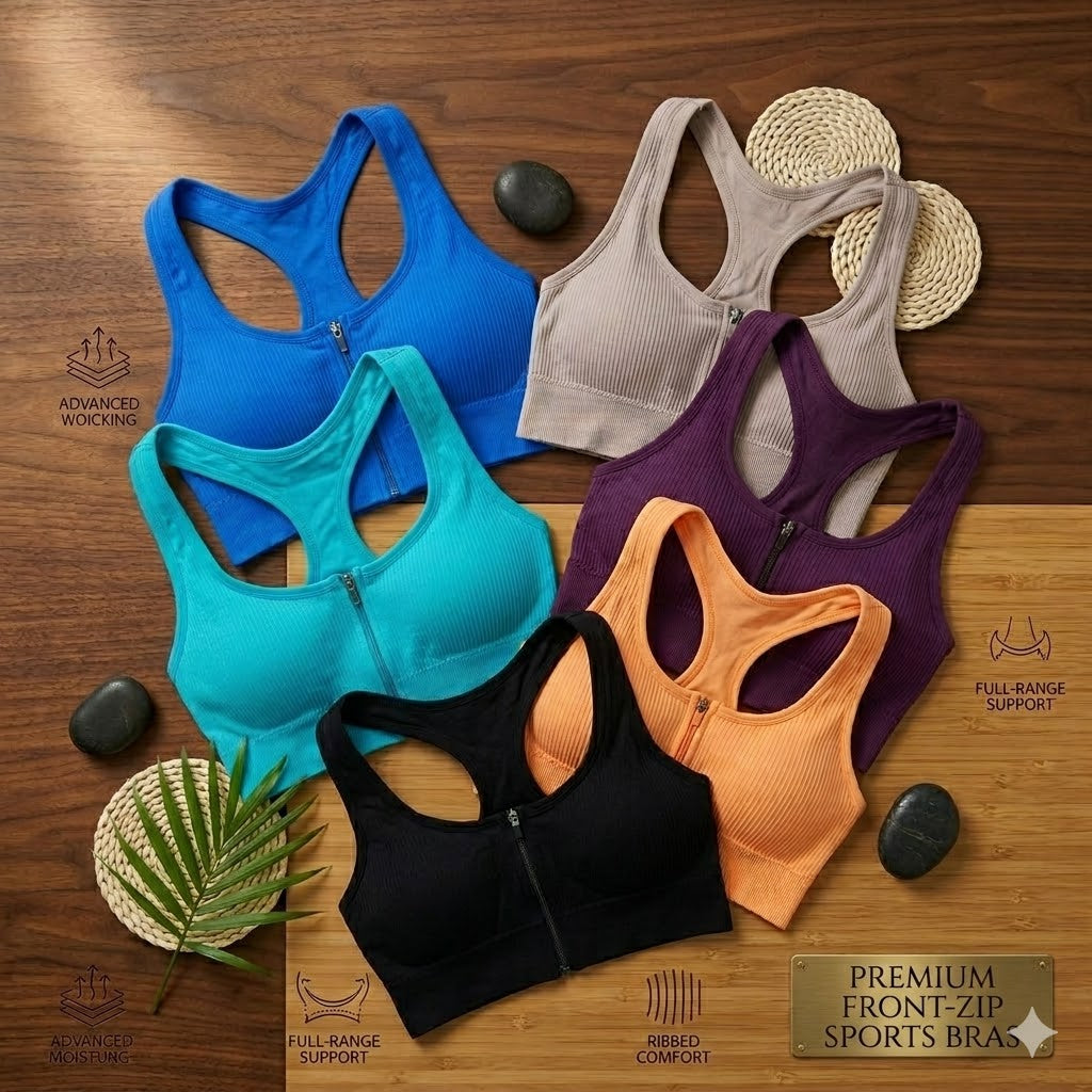 Pack of 3 Ribbed Padded Front Zip Sports Bras – Breathable Active