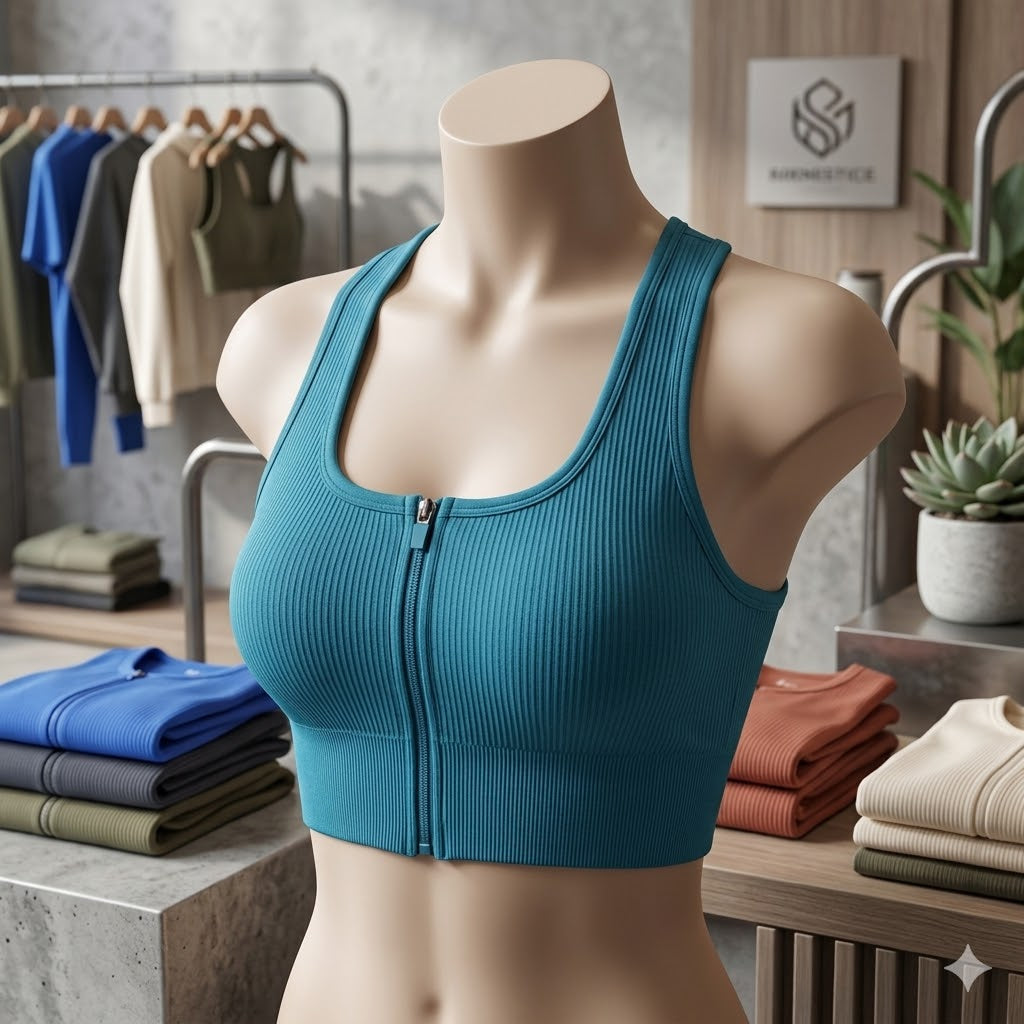 Pack of 3 Ribbed Padded Front Zip Sports Bras – Breathable Active