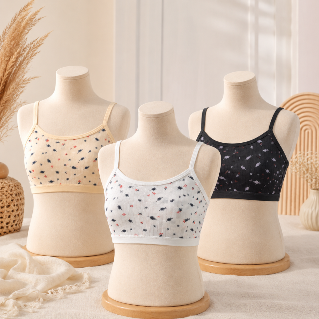 PACK OF 3 Girls’ Printed Non-Padded Camisole Bra – Soft Stretch Everyday Training Bra | Pack of 3