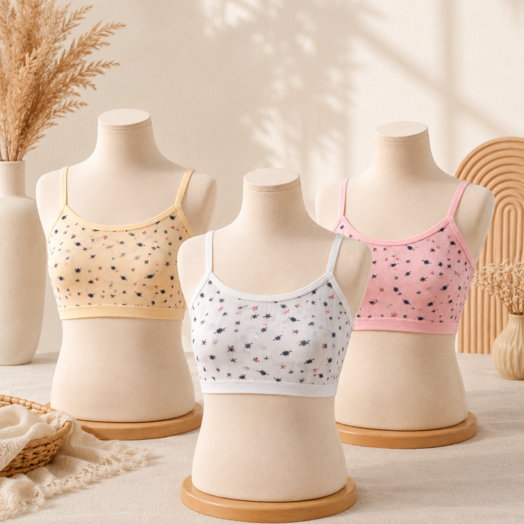 PACK OF 3 Girls’ Printed Non-Padded Camisole Bra – Soft Stretch Everyday Training Bra | Pack of 3