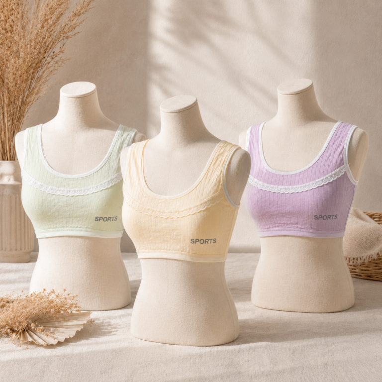Girls’ Non-Padded Ribbed Sports Bra – Soft Stretch Training Bra | Pack of 3 | Random Pastel Colors