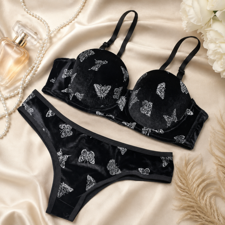 Pretty Wear Velvet Butterfly Print Bra & Panty Set – Soft Padded, Wired, Premium Lingerie for Girls