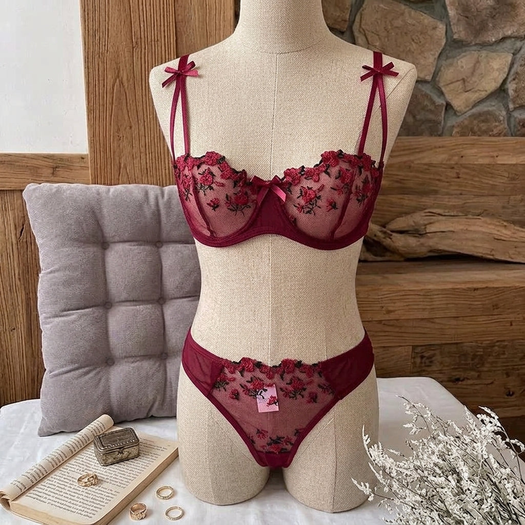 Floral Embroidered Mesh Lingerie Set – Romantic Red or Pretty