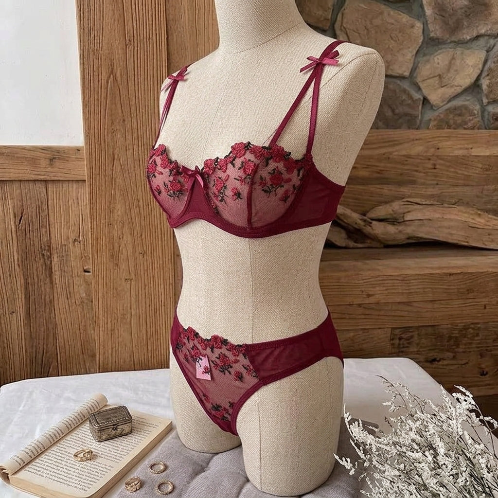 Floral Embroidered Mesh Lingerie Set – Romantic Red or Pretty
