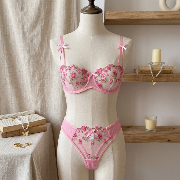 Floral Embroidered Mesh Lingerie Set – Romantic Red or Pretty