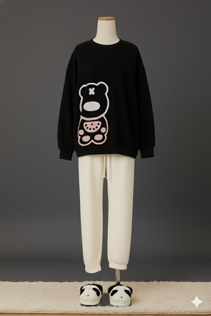 Pretty Wear 2-Piece Cozy Bear Lounge Set – Black Knitted Sweater & White Fleece