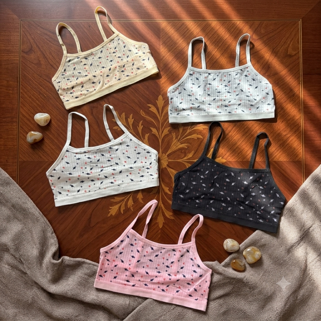 PACK OF 3 Girls’ Printed Non-Padded Camisole Bra – Soft Stretch Everyday Training Bra | Pack of 3