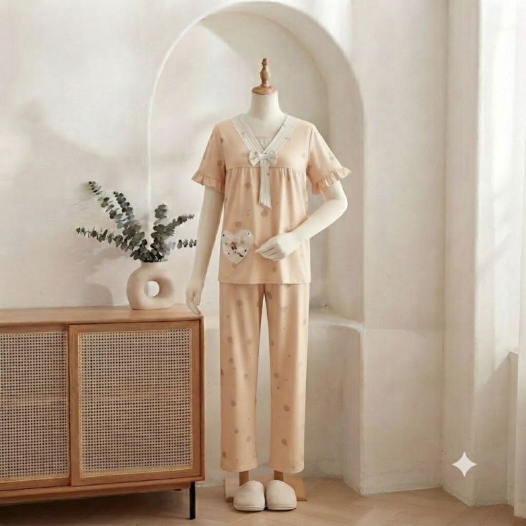 Women’s Round Neck Short Sleeve Ruffle Trim Solid Color Nightwear Pajamas – Soft & Comfortable