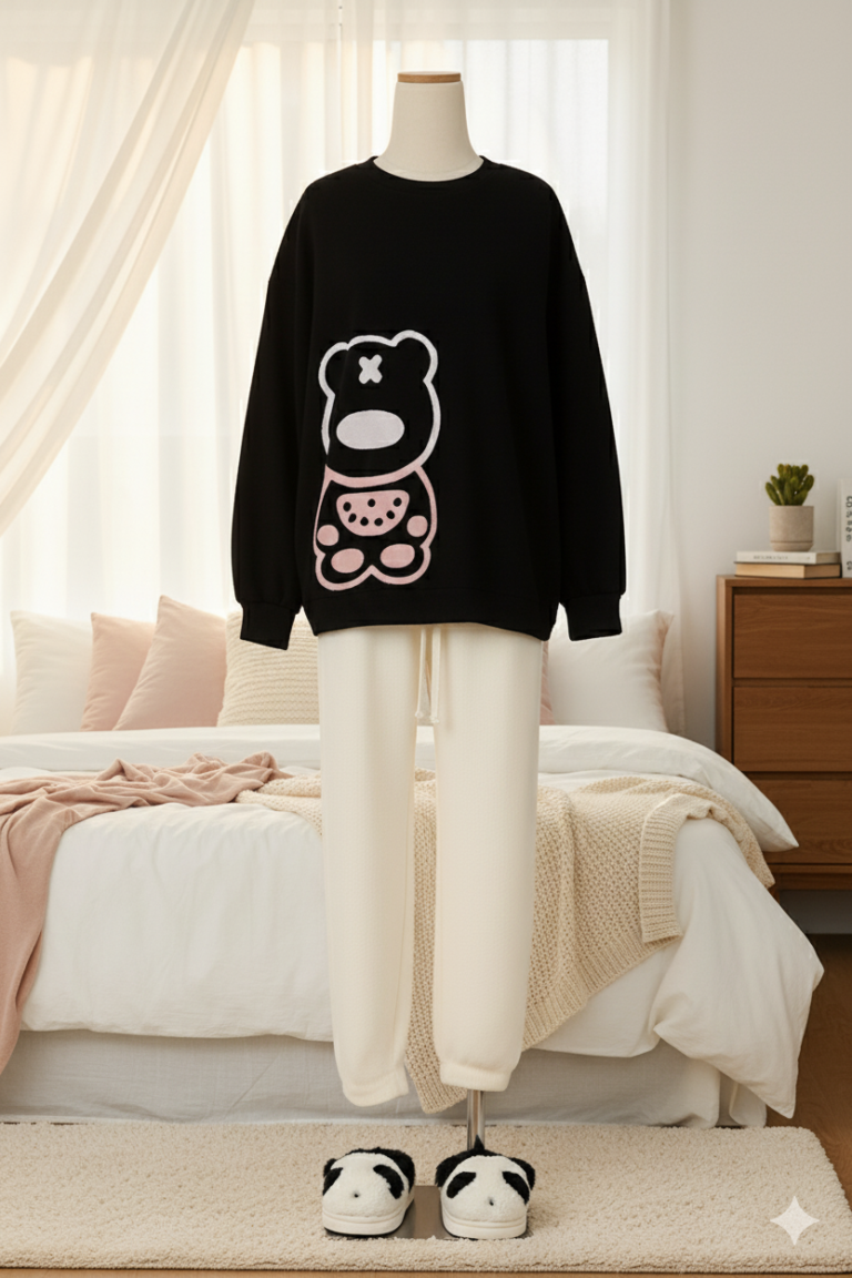 Pretty Wear 2-Piece Cozy Bear Lounge Set – Black Knitted Sweater & White Fleece