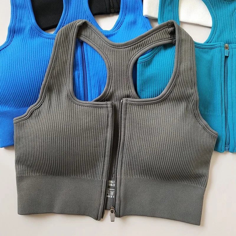 Pack of 3 Ribbed Padded Front Zip Sports Bras – Breathable Active