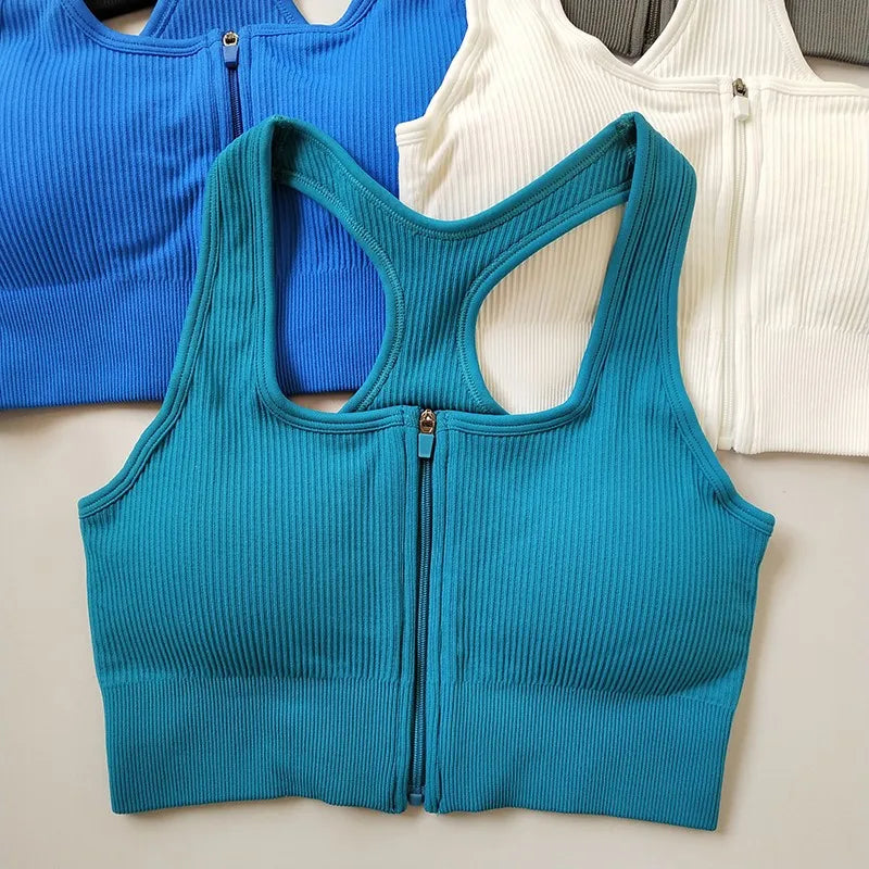 Pack of 3 Ribbed Padded Front Zip Sports Bras – Breathable Active