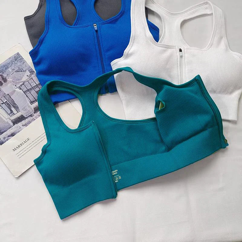 Pack of 3 Ribbed Padded Front Zip Sports Bras – Breathable Active