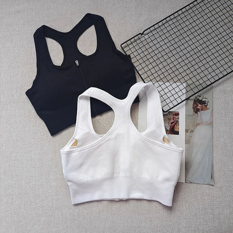 Pack of 3 Ribbed Padded Front Zip Sports Bras – Breathable Active