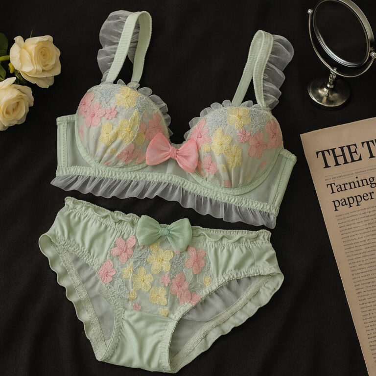 Flourish Pastel Pink Floral Embroidered Bra & Panty Set | Delicate Ruffle & Bow