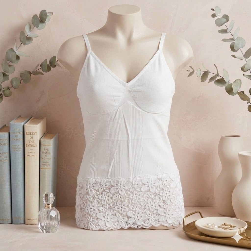 Women's Seamless Lace Camisole Tank Top with Built-In Bra – Soft Stretch Comfort Cami