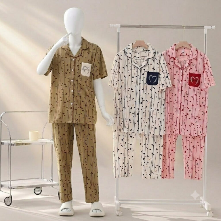 Women’s Heart Print Lounge Wear Set – Half Sleeve Button-Up Top with Full-Length Pajama | 2 Piece Nightwear