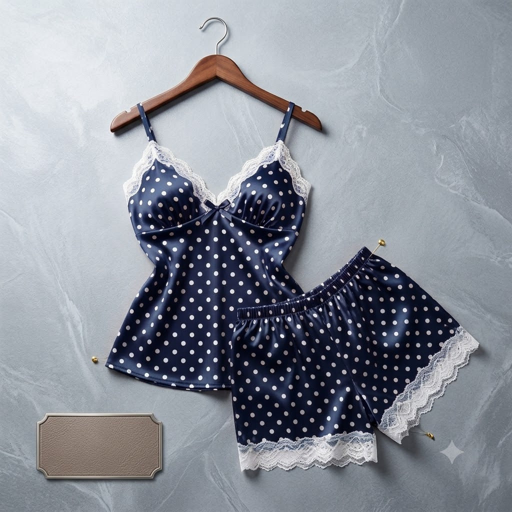 Padded Silk Pajamas For Women Sexy Lingerie Lace Trim Camisole And Shorts Polka Dot Sleepwear Home