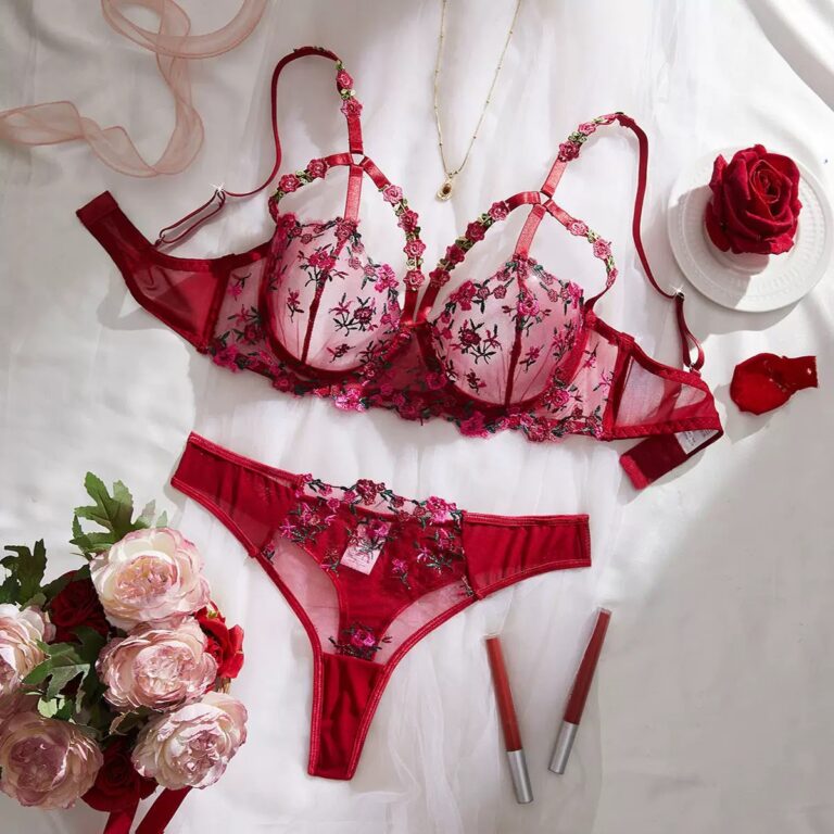 Floral Embroidered Sheer Lingerie Set