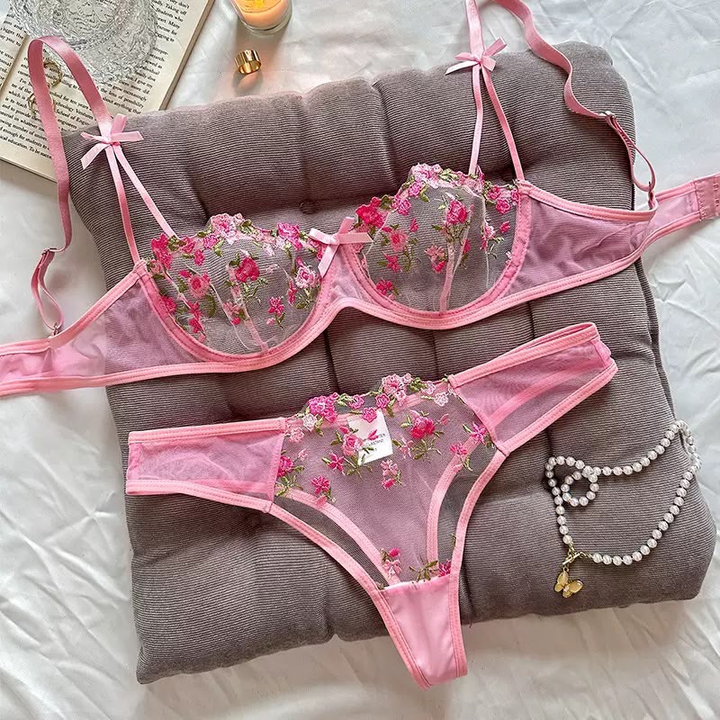Floral Embroidered Mesh Lingerie Set – Romantic Red or Pretty