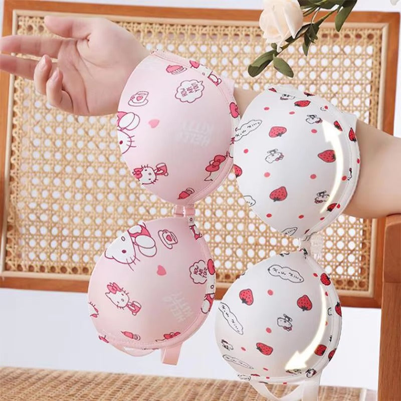Pretty Wear High Quality Front Open 4 In 1 Push-up Hello Kitty Print Adjustable Straps Bra Panty