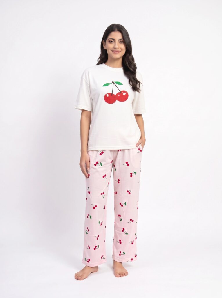 Drop Shoulder Cotton PJ Set - Cherry Pop