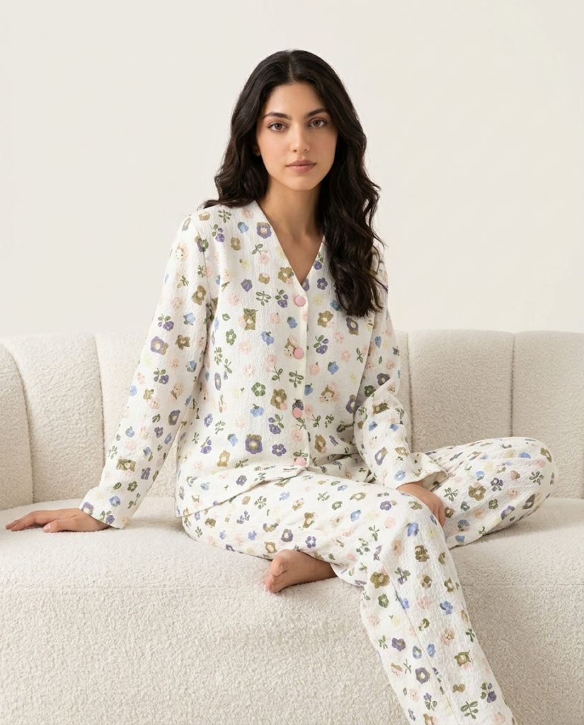 Summer Crinkled Pajama Suit – Pastel Bloom