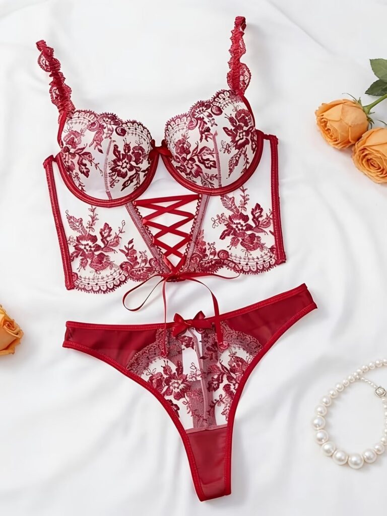 Lingerie Set – Sexy Flirty Hot Floral Embroidered Design Perfect for Adults