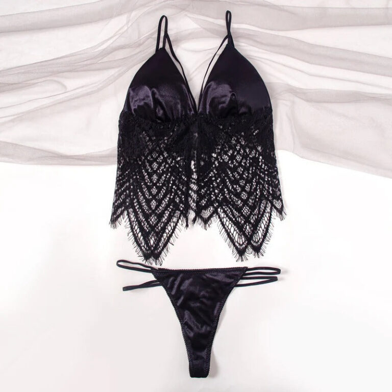 Pretty Wear Elegant Satin & Lace Lingerie Set – Soft Bralette with Matching Thong