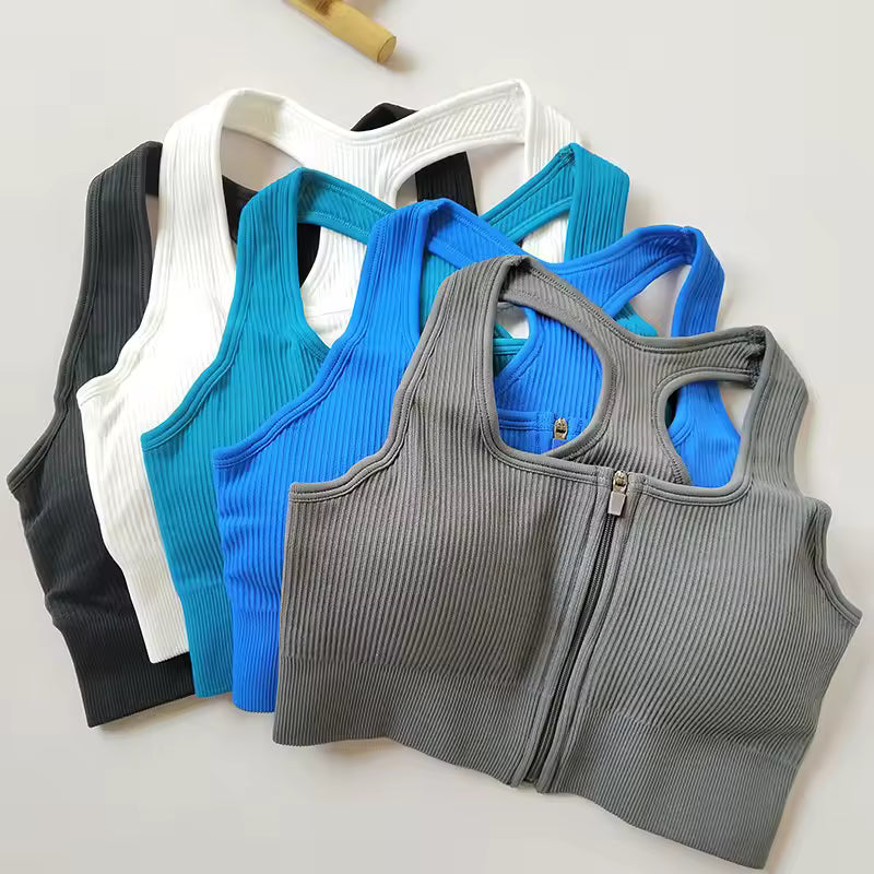 Pack of 3 Ribbed Padded Front Zip Sports Bras – Breathable Active