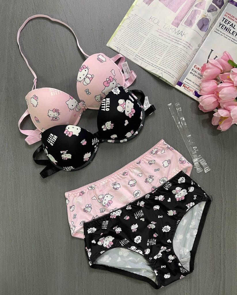Pretty Wear High Quality Front Open 4 In 1 Push-up Hello Kitty Print Adjustable Straps Bra Panty