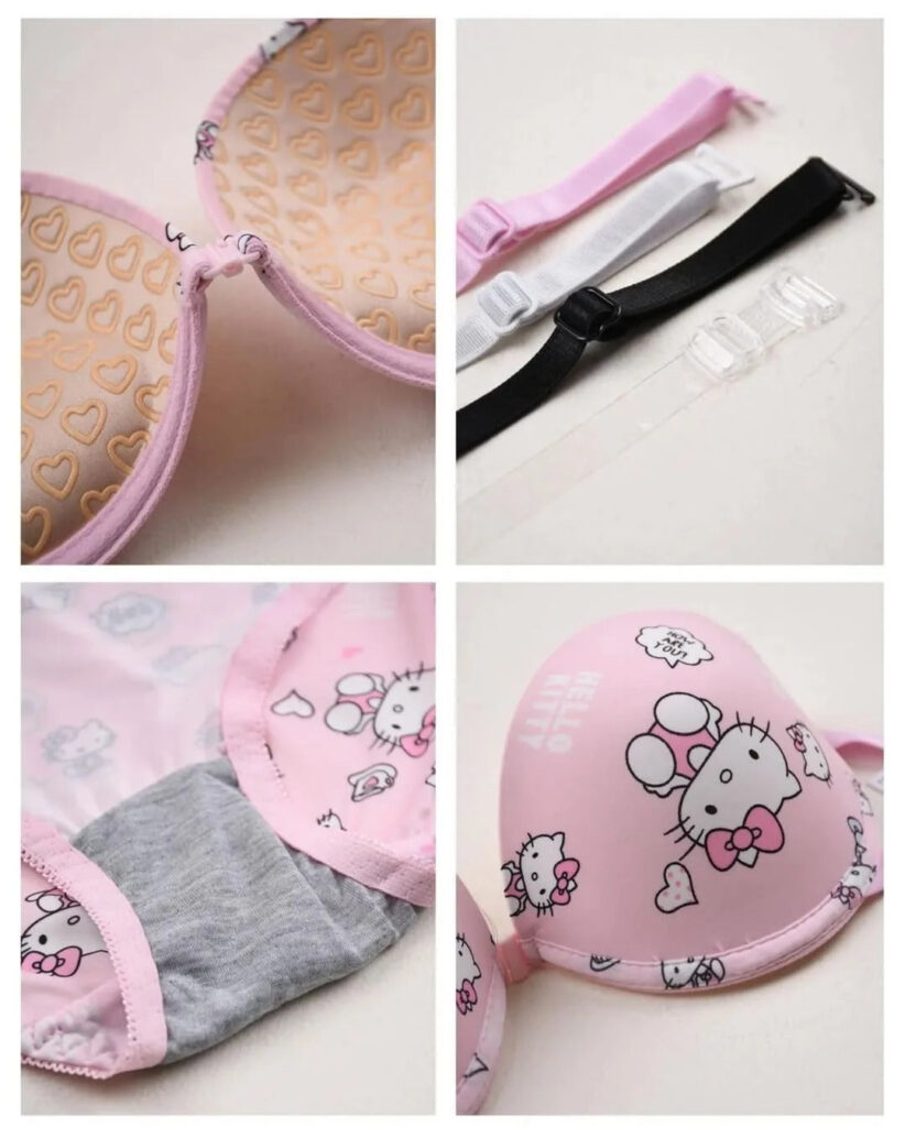 Pretty Wear High Quality Front Open 4 In 1 Push-up Hello Kitty Print Adjustable Straps Bra Panty