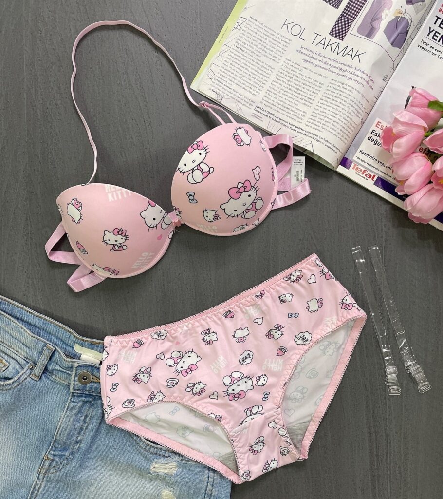Pretty Wear High Quality Front Open 4 In 1 Push-up Hello Kitty Print Adjustable Straps Bra Panty