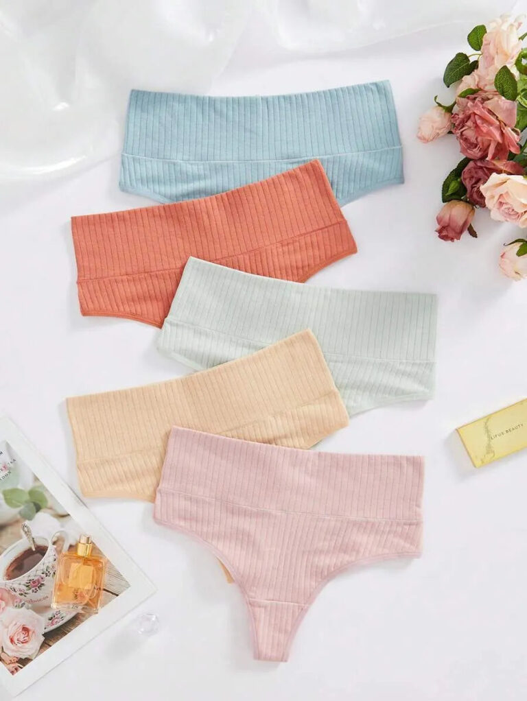 Pretty Wear Pack of 5 Ribbed Cotton High Waist Thong Panty – Stretchy & Seamless